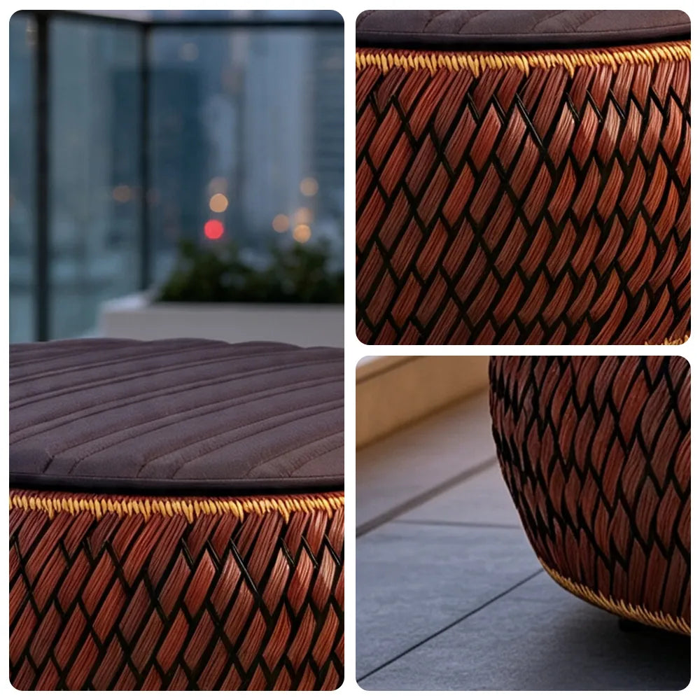 SOLARA Outdoor Wicker Ottoman Stool with Cushioned Seat for Patio Garden Balcony Relaxing Space - Terracotta Brown
