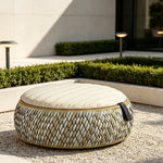 SOLARA Outdoor Wicker Ottoman Stool with Cushioned Seat for Patio Garden Balcony Relaxing Space - Beige
