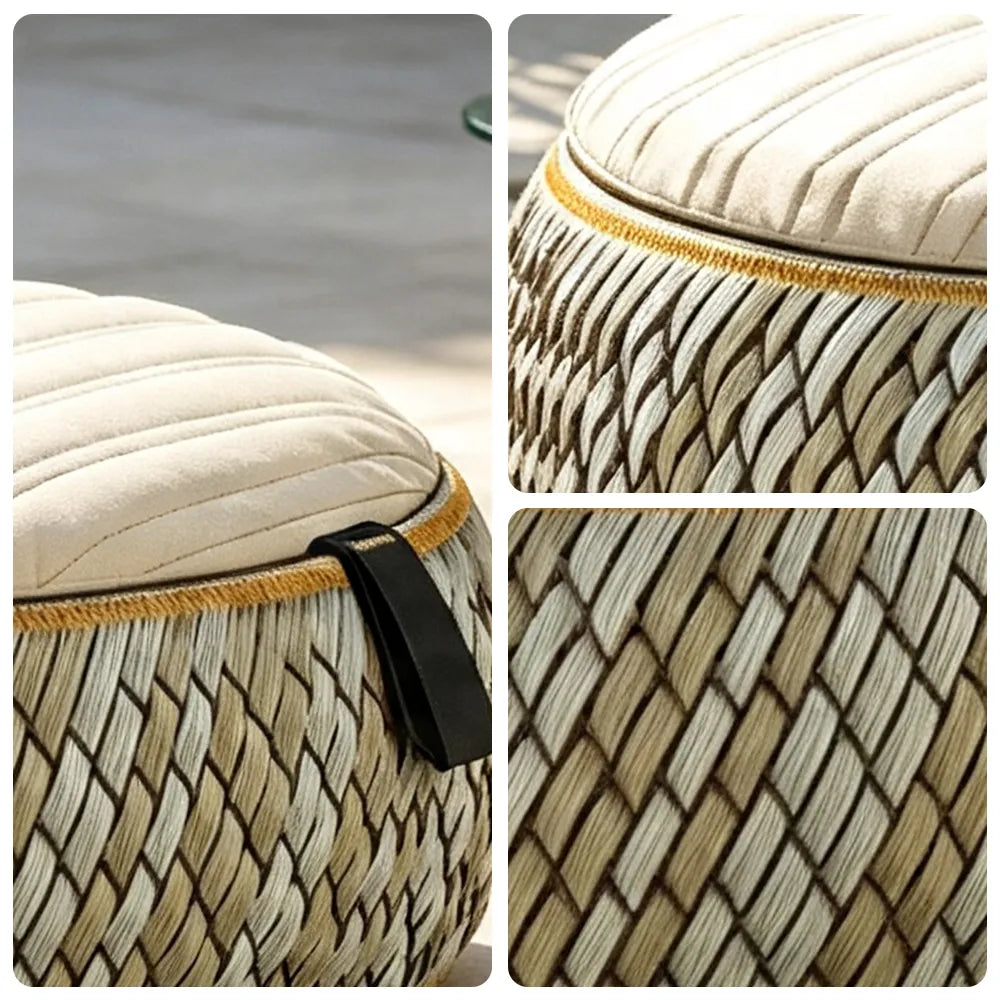 SOLARA Outdoor Wicker Ottoman Stool with Cushioned Seat for Patio Garden Balcony Relaxing Space - Beige