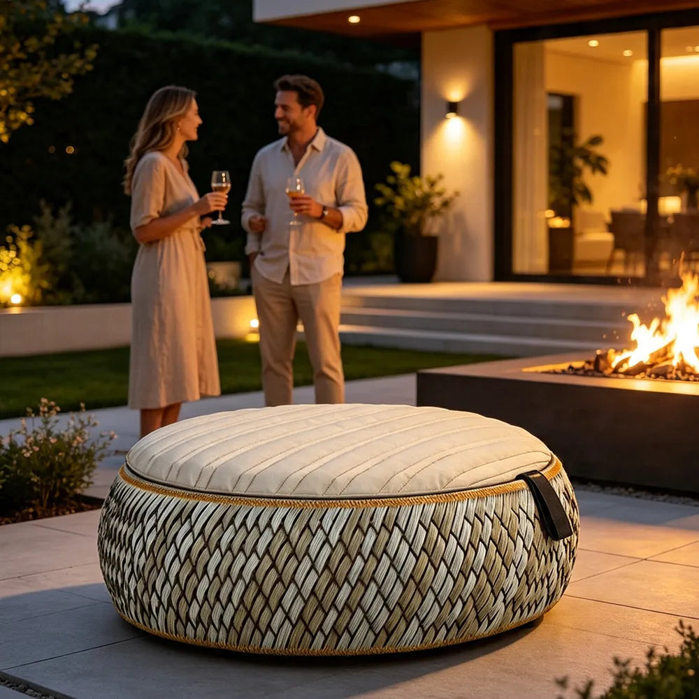 SOLARA Outdoor Wicker Ottoman Stool with Cushioned Seat for Patio Garden Balcony Relaxing Space - Beige
