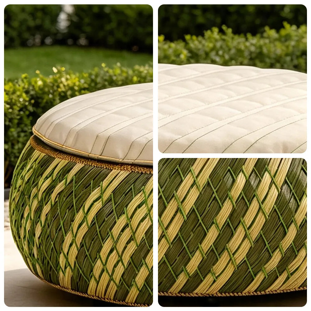 SOLARA Outdoor Wicker Ottoman Stool with Cushioned Seat for Patio Garden Balcony Relaxing Space - Green