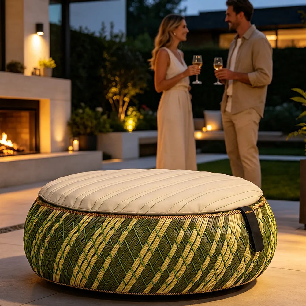 SOLARA Outdoor Wicker Ottoman Stool with Cushioned Seat for Patio Garden Balcony Relaxing Space - Green