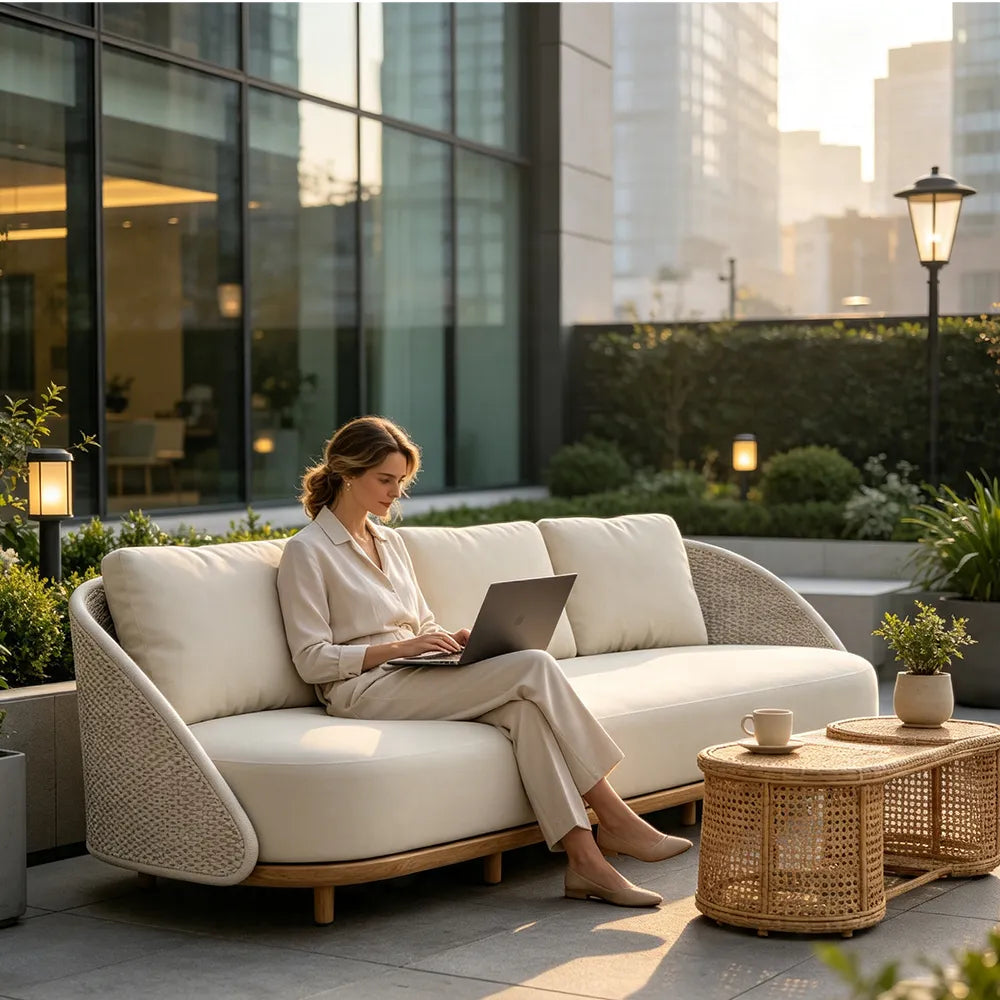 SOLARA Outdoor 3-Seater Lounge Sofa with Premium Fabric Cushion and Teak Wood Frame for Patio Garden Balcony - Beige