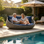 SOLARA Outdoor Round Daybed with PE Rattan Metal Frame 120cm 6 Cushions High Density Foam Patio Poolside Furniture - Blue
