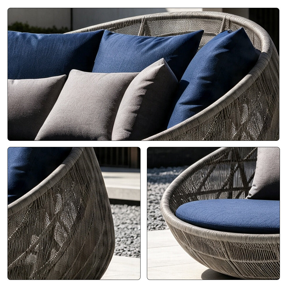 SOLARA Outdoor Round Daybed with PE Rattan Metal Frame 120cm 6 Cushions High Density Foam Patio Poolside Furniture - Blue