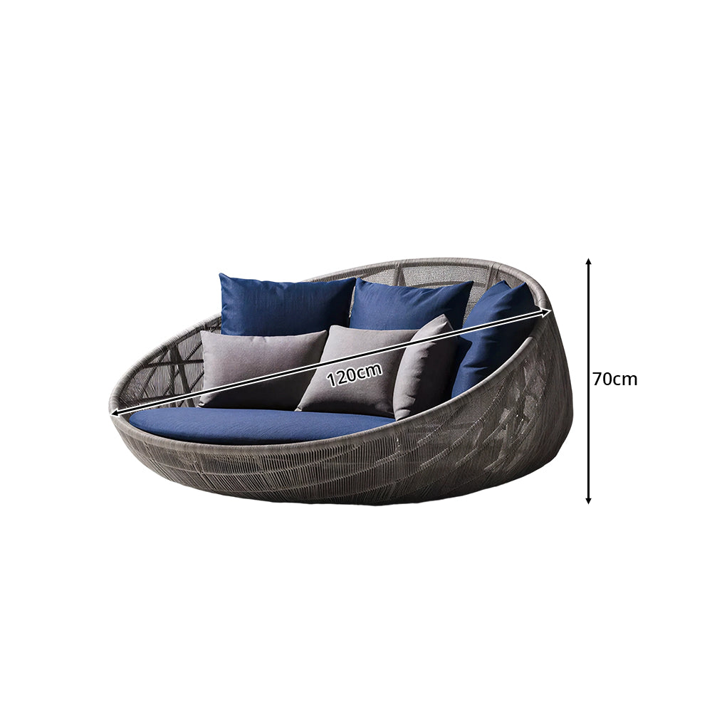 SOLARA Outdoor Round Daybed with PE Rattan Metal Frame 120cm 6 Cushions High Density Foam Patio Poolside Furniture - Blue