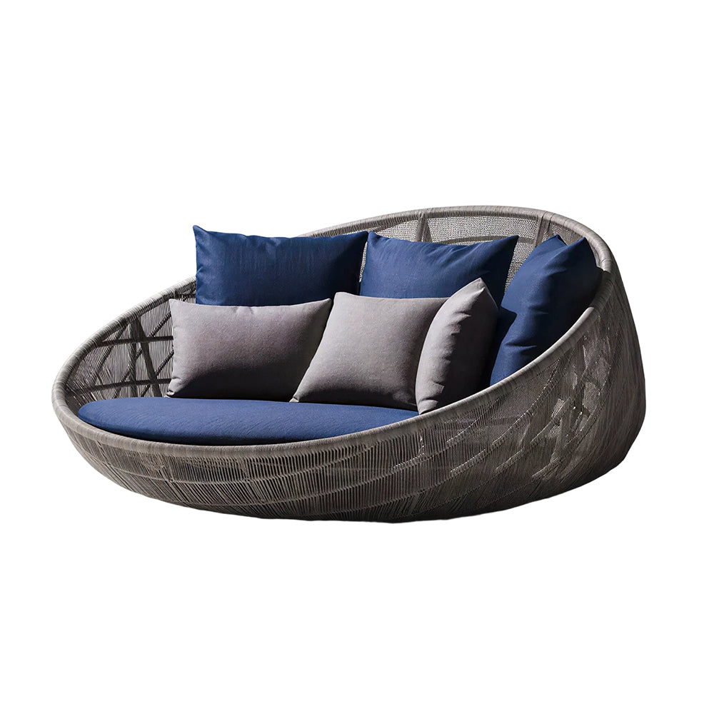 SOLARA Outdoor Round Daybed with PE Rattan Metal Frame 120cm 6 Cushions High Density Foam Patio Poolside Furniture - Blue