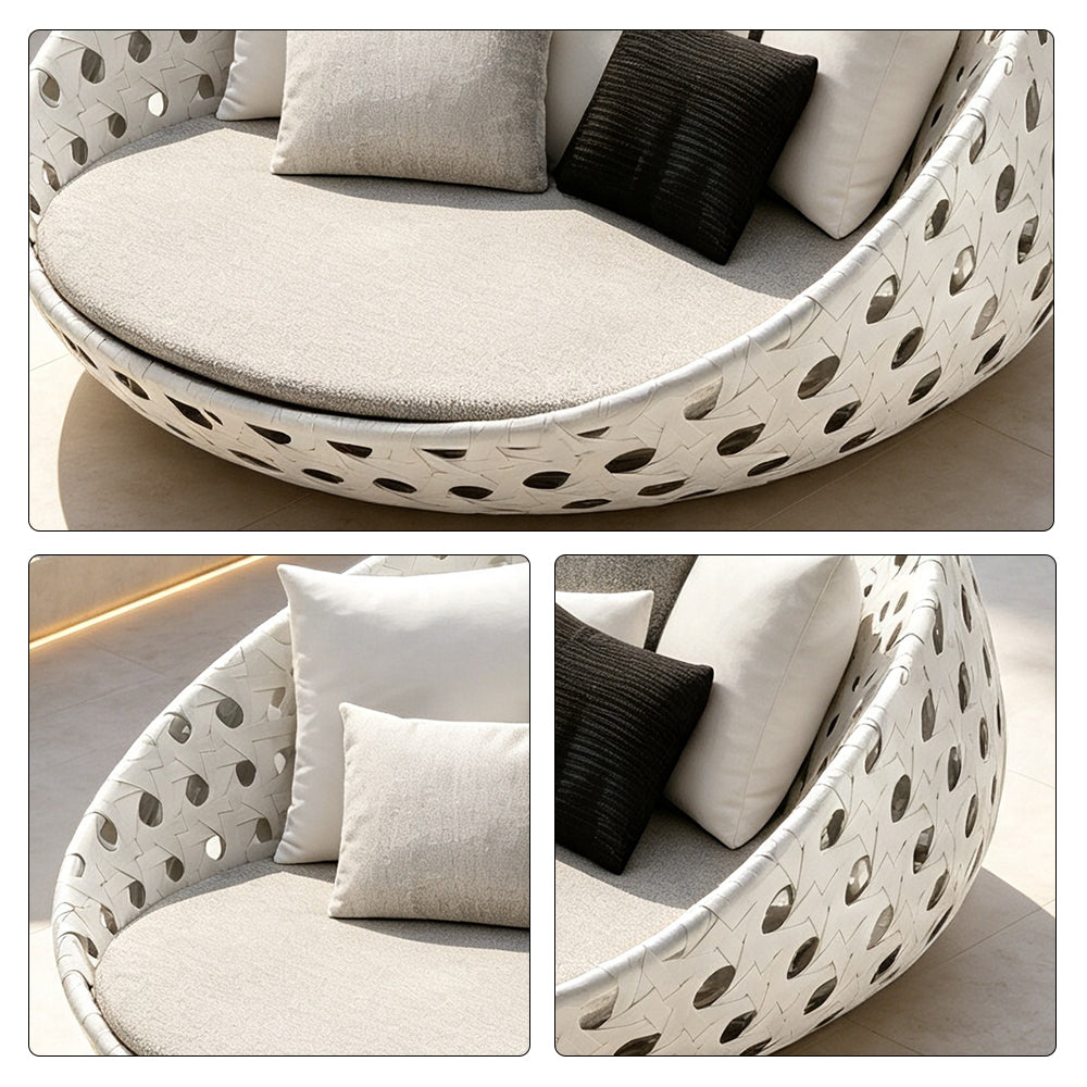 SOLARA Outdoor Round Daybed with PE Rattan Metal Frame 120cm 6 Cushions High Density Foam Patio Poolside Furniture - Grey