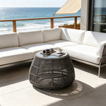 SOLARA Outdoor Side Table with Tempered Glass Top PE Rattan Metal Frame 60cm Round Patio Garden Balcony Furniture - Black