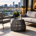 SOLARA Outdoor Side Table with Tempered Glass Top PE Rattan Metal Frame 60cm Round Patio Garden Balcony Furniture - Black