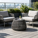 SOLARA Outdoor Side Table with Tempered Glass Top PE Rattan Metal Frame 60cm Round Patio Garden Balcony Furniture - Black