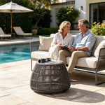 SOLARA Outdoor Side Table with Tempered Glass Top PE Rattan Metal Frame 60cm Round Patio Garden Balcony Furniture - Black