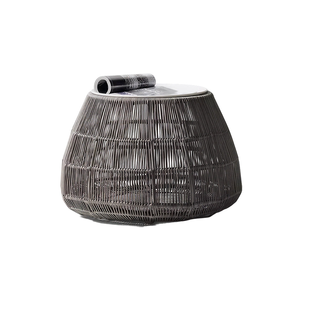 SOLARA Outdoor Side Table with Tempered Glass Top PE Rattan Metal Frame 60cm Round Patio Garden Balcony Furniture - Black