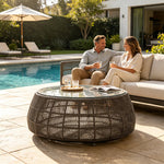 SOLARA Outdoor Coffee Table with Tempered Glass Top PE Rattan Metal Frame 80cm Round Patio Garden Balcony Furniture - Brown