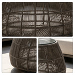 SOLARA Outdoor Coffee Table with Tempered Glass Top PE Rattan Metal Frame 80cm Round Patio Garden Balcony Furniture - Brown