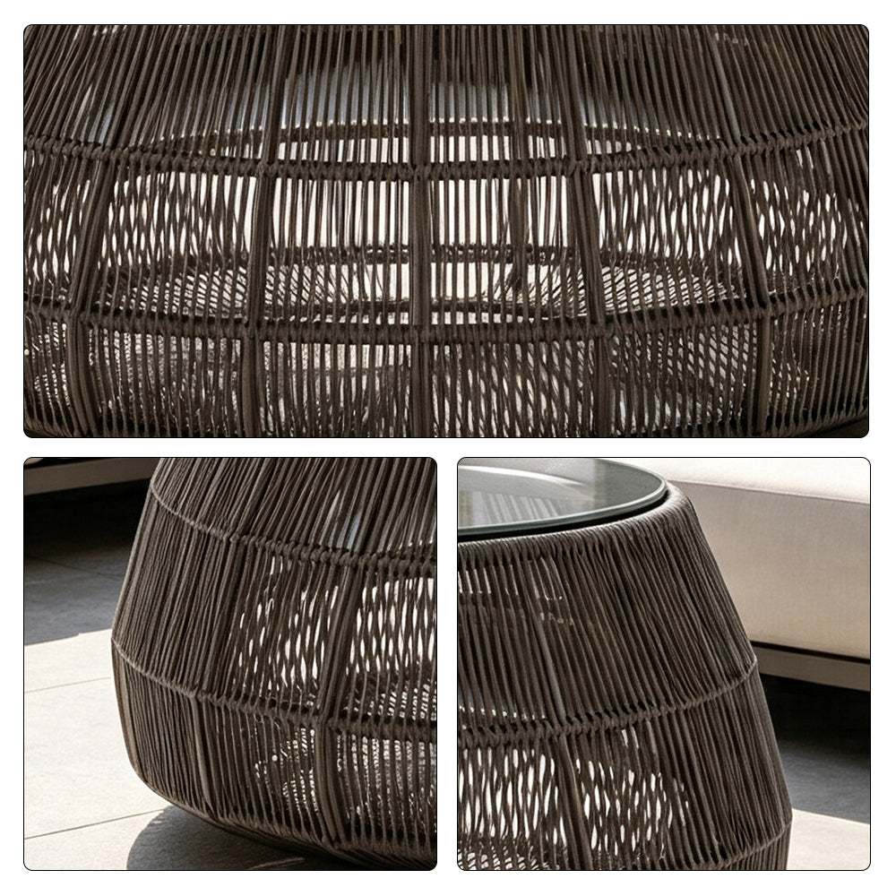 SOLARA Outdoor Coffee Table with Tempered Glass Top PE Rattan Metal Frame 80cm Round Patio Garden Balcony Furniture - Brown