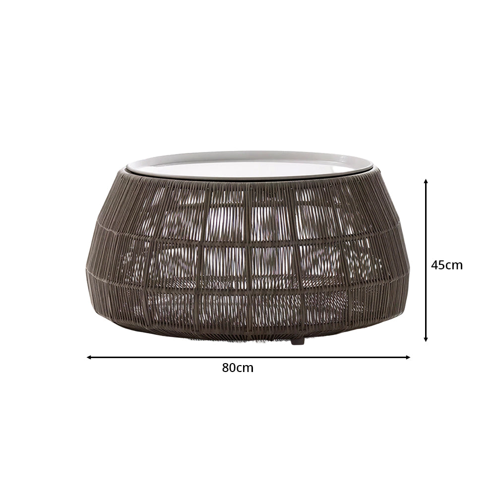 SOLARA Outdoor Coffee Table with Tempered Glass Top PE Rattan Metal Frame 80cm Round Patio Garden Balcony Furniture - Brown