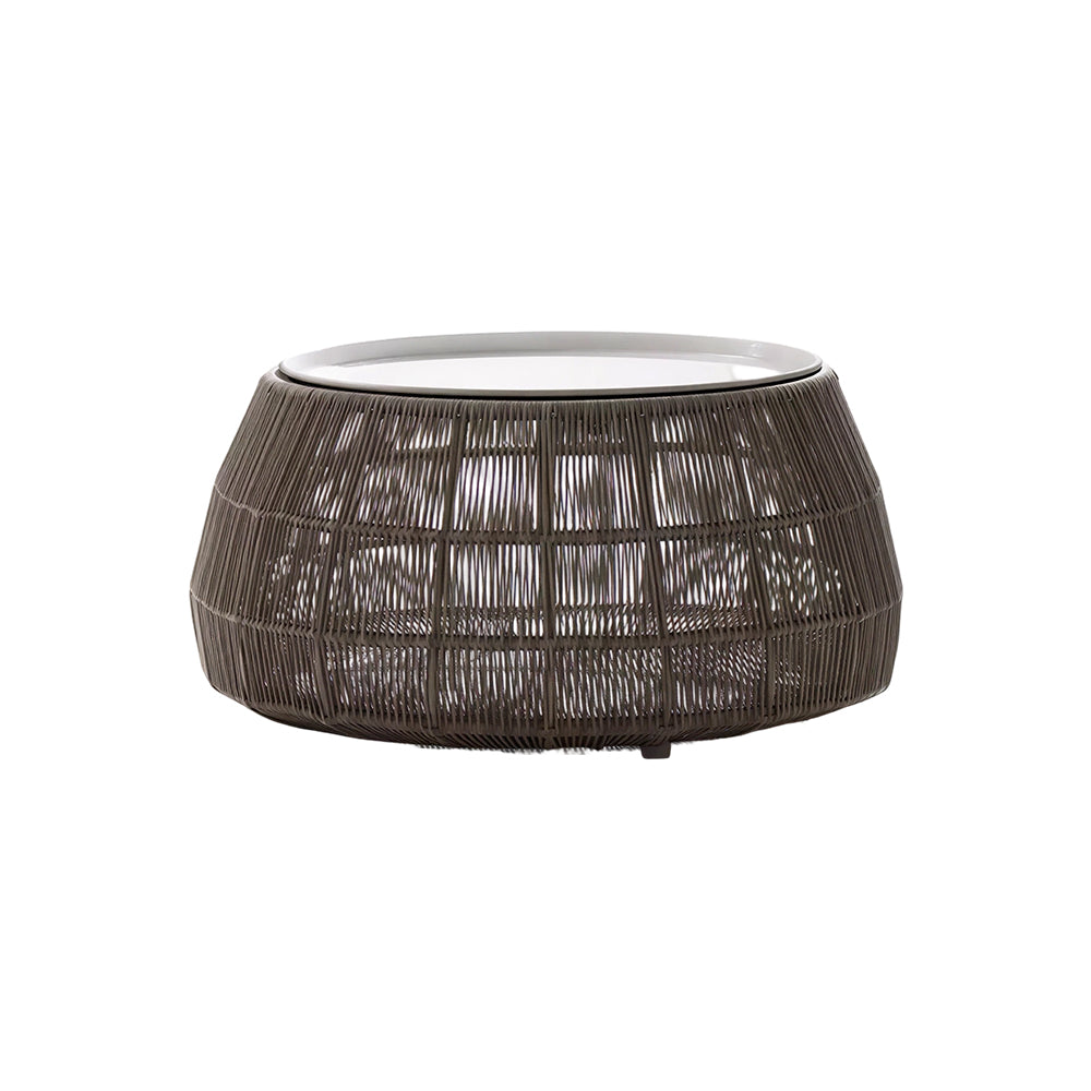 SOLARA Outdoor Coffee Table with Tempered Glass Top PE Rattan Metal Frame 80cm Round Patio Garden Balcony Furniture - Brown