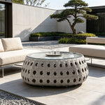 SOLARA Outdoor Coffee Table with Tempered Glass Top PE Rattan Metal Frame 80cm Round Patio Garden Balcony Furniture - Grey