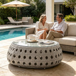 SOLARA Outdoor Coffee Table with Tempered Glass Top PE Rattan Metal Frame 80cm Round Patio Garden Balcony Furniture - Grey