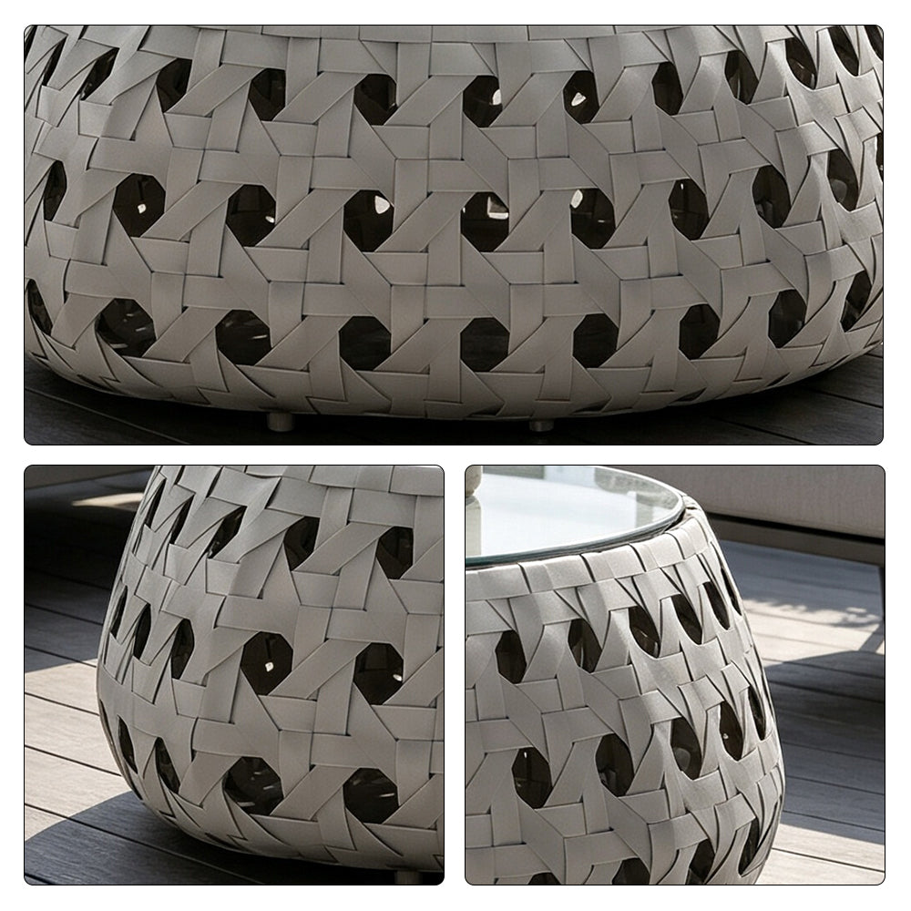 SOLARA Outdoor Coffee Table with Tempered Glass Top PE Rattan Metal Frame 80cm Round Patio Garden Balcony Furniture - Grey