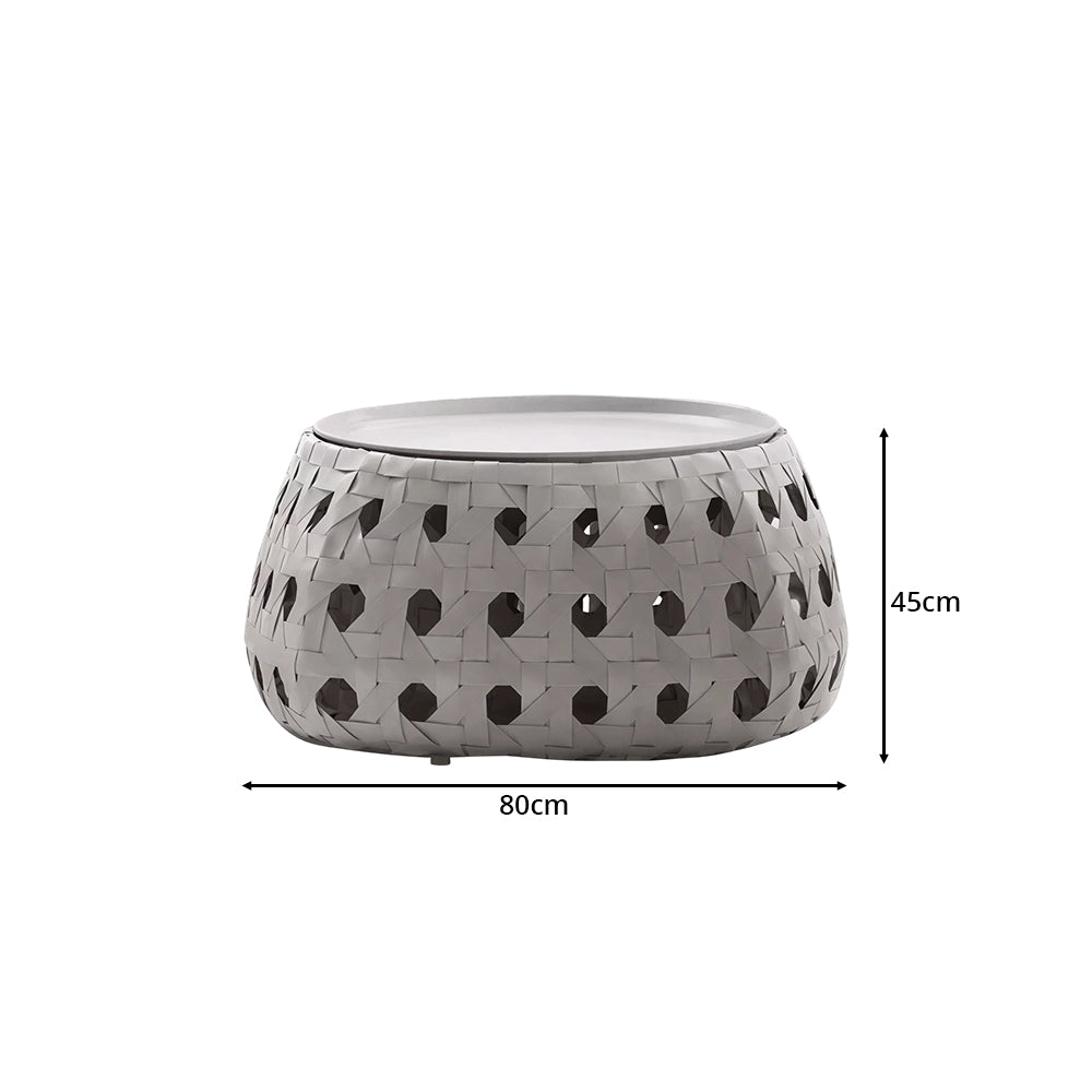 SOLARA Outdoor Coffee Table with Tempered Glass Top PE Rattan Metal Frame 80cm Round Patio Garden Balcony Furniture - Grey