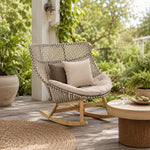 SOLARA Outdoor Rocking Chair with PE Rattan Seat Teak Wood Base Single Lounge Chair for Patio Garden Balcony Relaxing Space - Beige