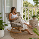 SOLARA Outdoor Rocking Chair with PE Rattan Seat Teak Wood Base Single Lounge Chair for Patio Garden Balcony Relaxing Space - Beige