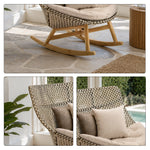 SOLARA Outdoor Rocking Chair with PE Rattan Seat Teak Wood Base Single Lounge Chair for Patio Garden Balcony Relaxing Space - Beige