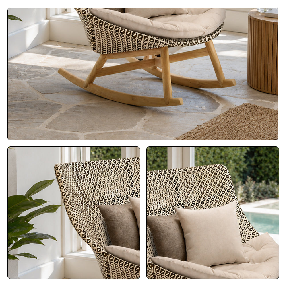 SOLARA Outdoor Rocking Chair with PE Rattan Seat Teak Wood Base Single Lounge Chair for Patio Garden Balcony Relaxing Space - Beige