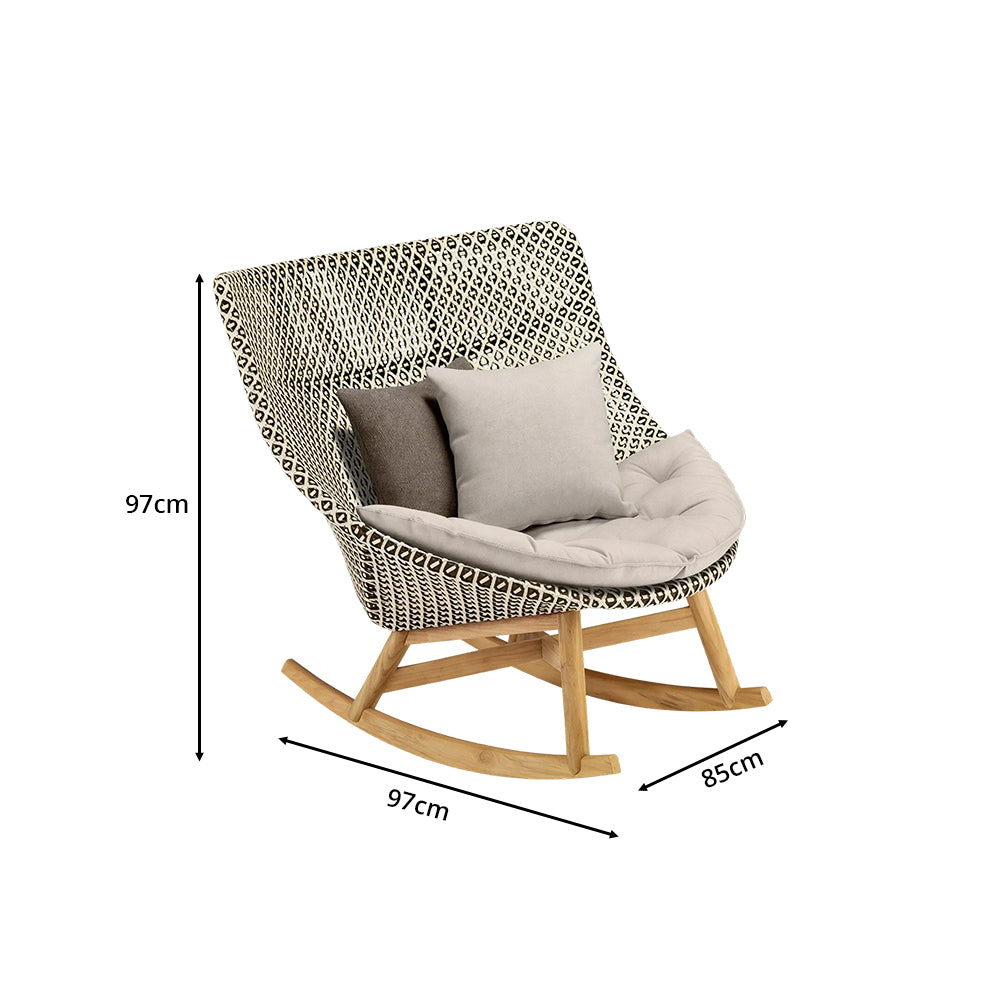 SOLARA Outdoor Rocking Chair with PE Rattan Seat Teak Wood Base Single Lounge Chair for Patio Garden Balcony Relaxing Space - Beige
