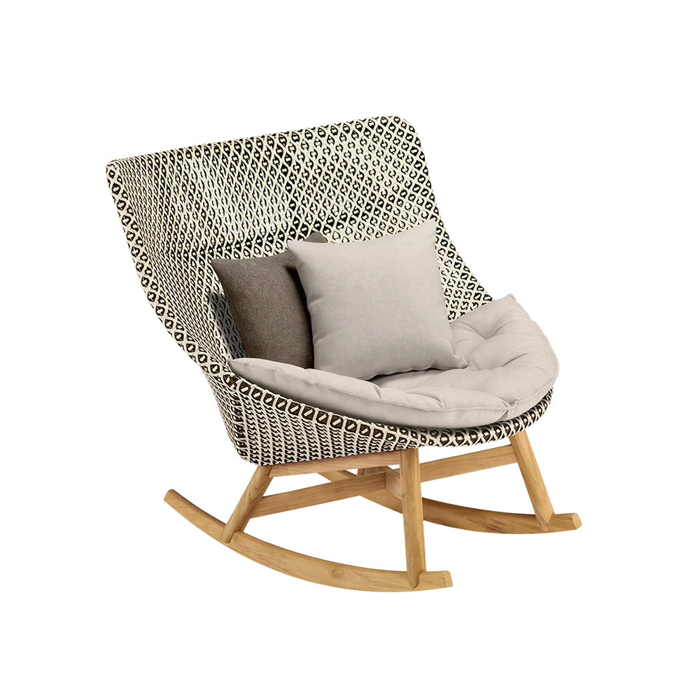 SOLARA Outdoor Rocking Chair with PE Rattan Seat Teak Wood Base Single Lounge Chair for Patio Garden Balcony Relaxing Space - Beige