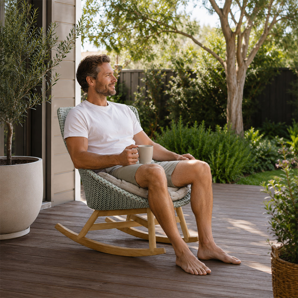 SOLARA Outdoor Rocking Chair with PE Rattan Seat Teak Wood Base Single Lounge Chair for Patio Garden Balcony Relaxing Space - Blue