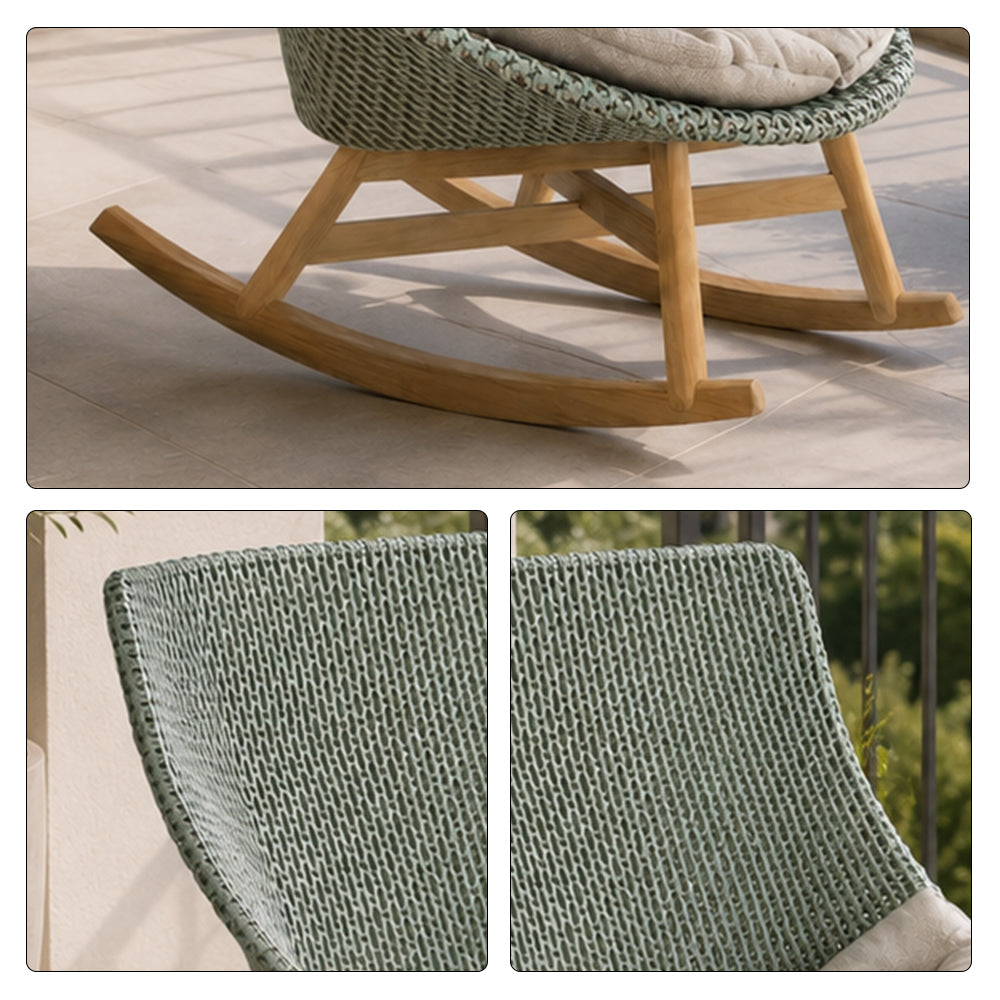 SOLARA Outdoor Rocking Chair with PE Rattan Seat Teak Wood Base Single Lounge Chair for Patio Garden Balcony Relaxing Space - Blue