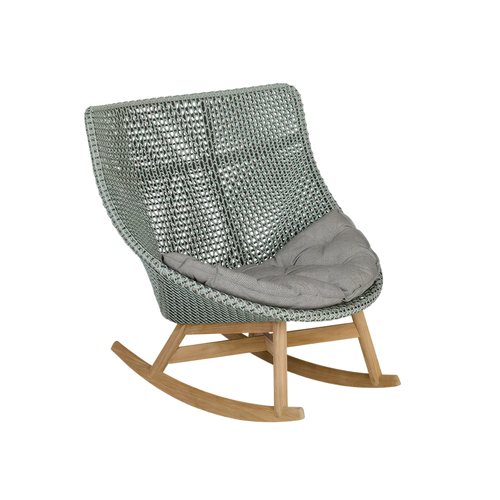 SOLARA Outdoor Rocking Chair with PE Rattan Seat Teak Wood Base Single Lounge Chair for Patio Garden Balcony Relaxing Space - Blue