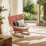 SOLARA Outdoor Rocking Chair with PE Rattan Seat Teak Wood Base Single Lounge Chair for Patio Garden Balcony Relaxing Space - Red