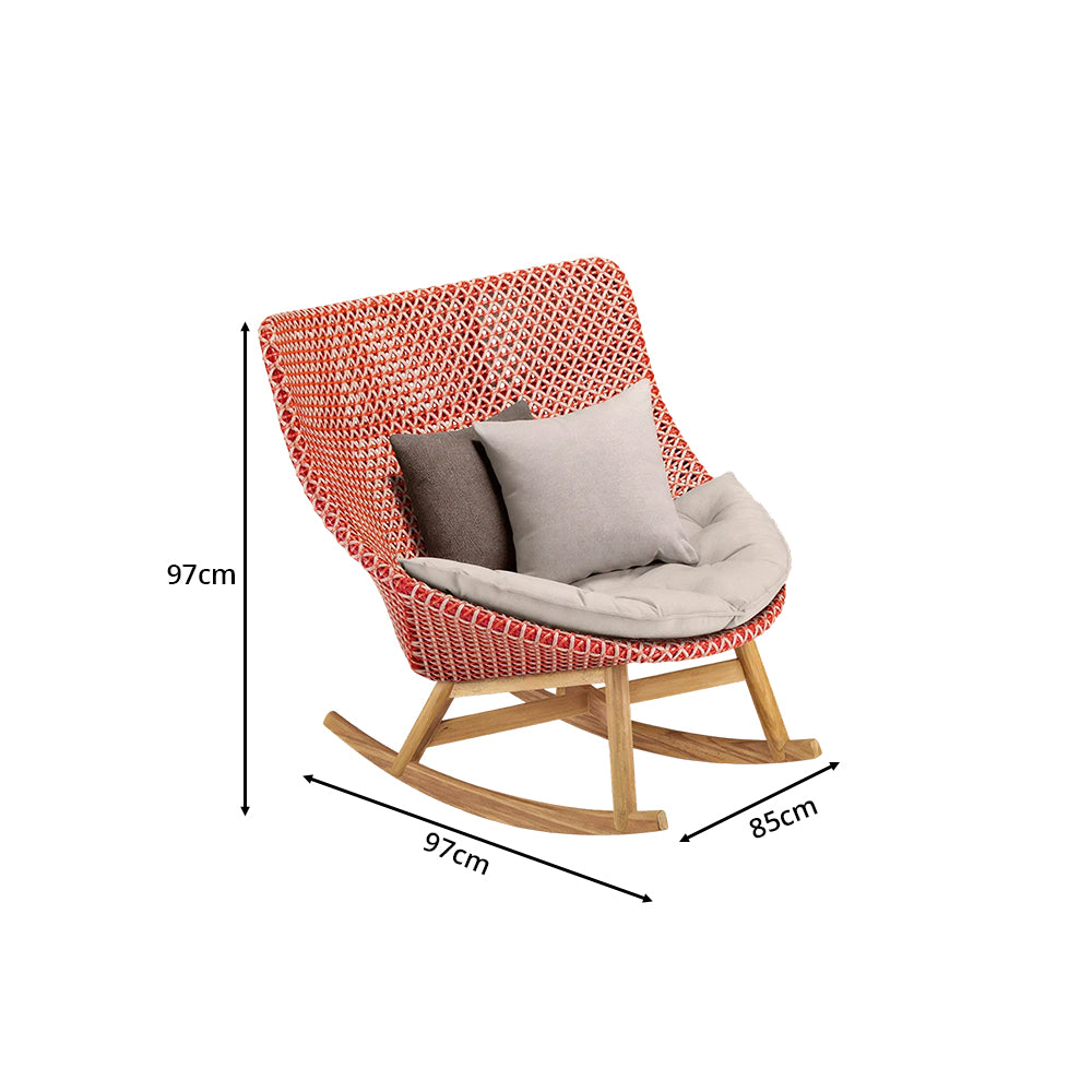 SOLARA Outdoor Rocking Chair with PE Rattan Seat Teak Wood Base Single Lounge Chair for Patio Garden Balcony Relaxing Space - Red