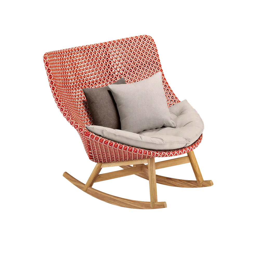 SOLARA Outdoor Rocking Chair with PE Rattan Seat Teak Wood Base Single Lounge Chair for Patio Garden Balcony Relaxing Space - Red
