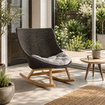 SOLARA Outdoor Rocking Chair with PE Rattan Seat Teak Wood Base Single Lounge Chair for Patio Garden Balcony Relaxing Space - Black