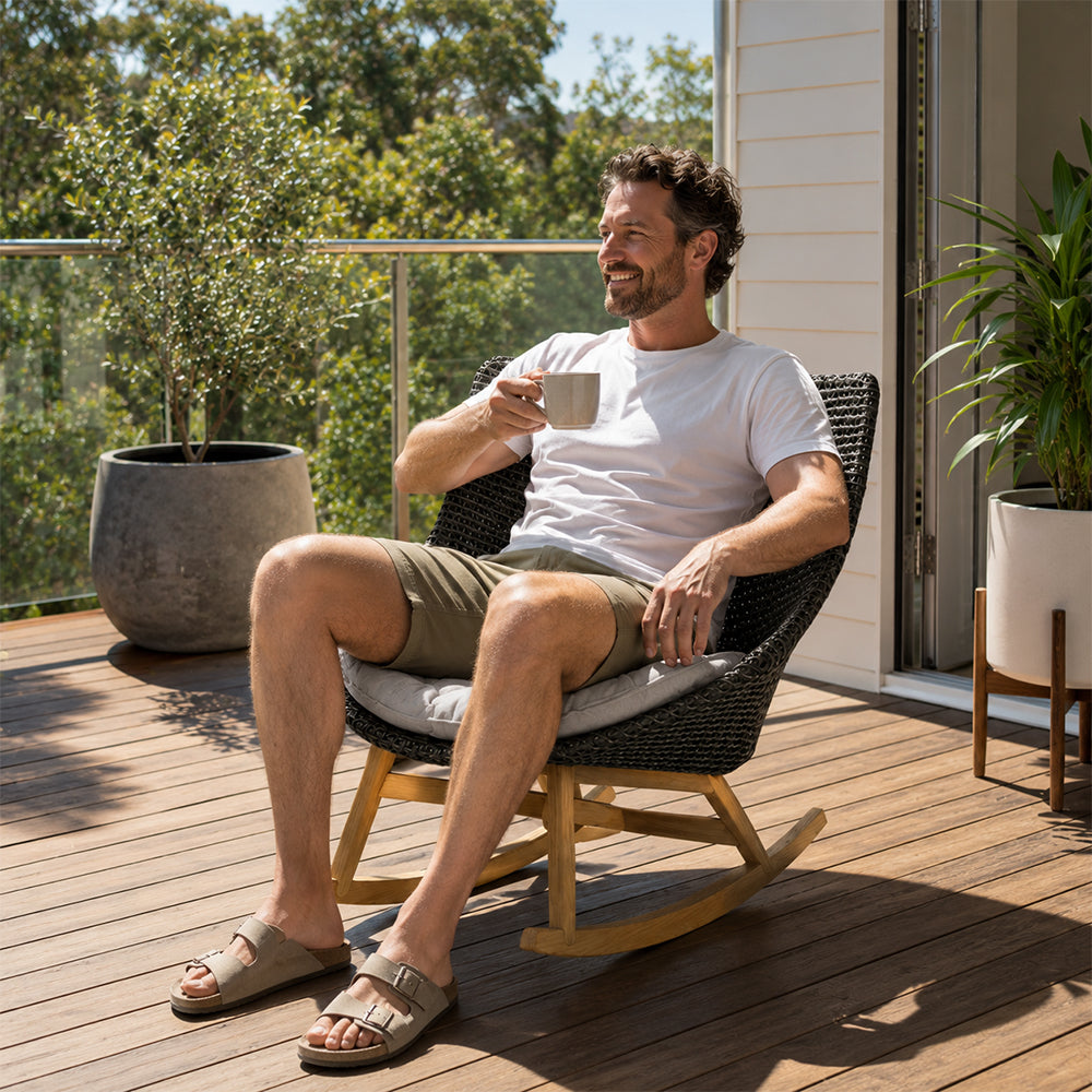SOLARA Outdoor Rocking Chair with PE Rattan Seat Teak Wood Base Single Lounge Chair for Patio Garden Balcony Relaxing Space - Black