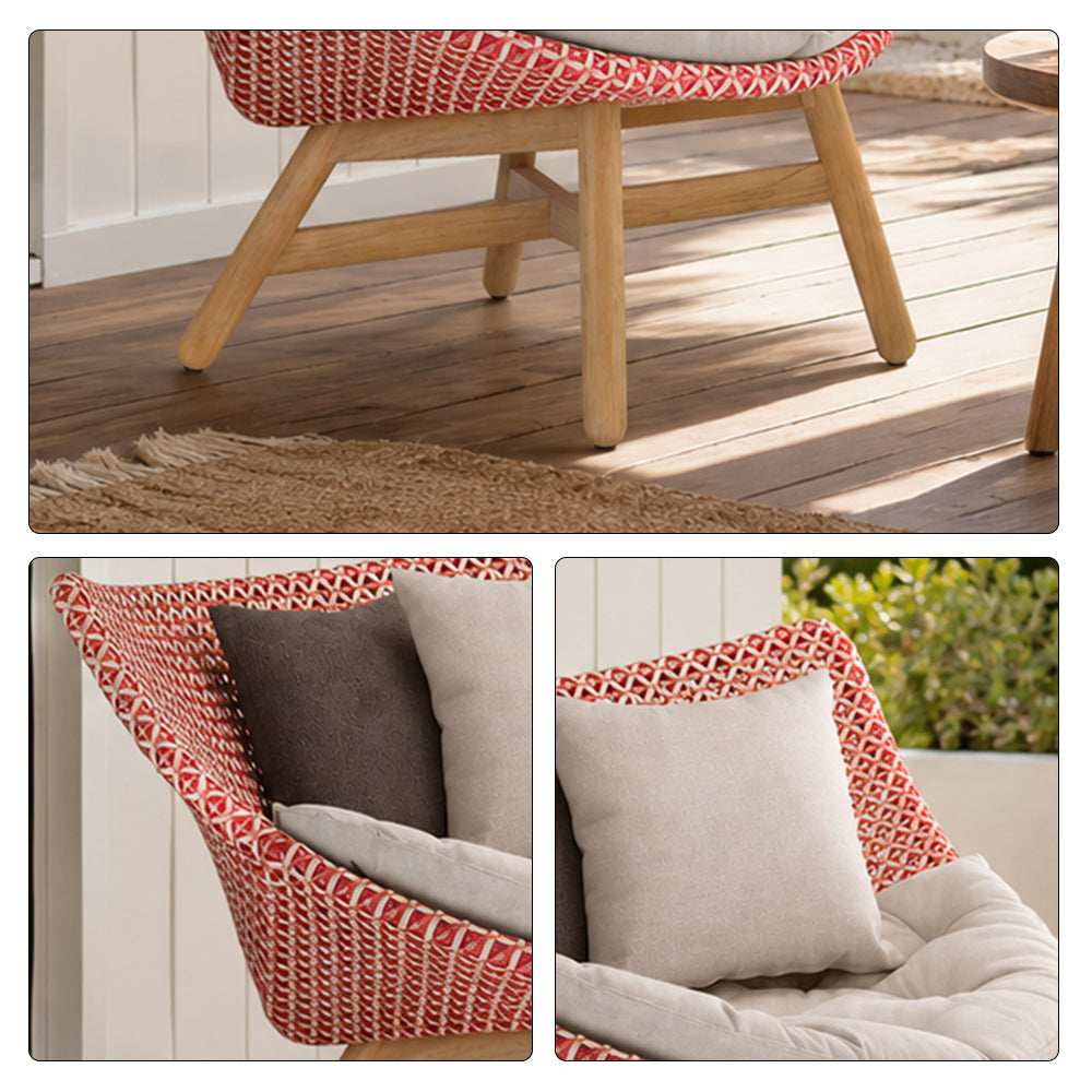 SOLARA Outdoor Low Back Lounge Chair with PE Rattan Seat Teak Wood Base Single Sofa Chair for Patio Garden Balcony Relaxing Space - Red