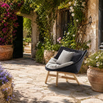 SOLARA Outdoor Low Back Lounge Chair with PE Rattan Seat Teak Wood Base Single Sofa Chair for Patio Garden Balcony Relaxing Space - Black