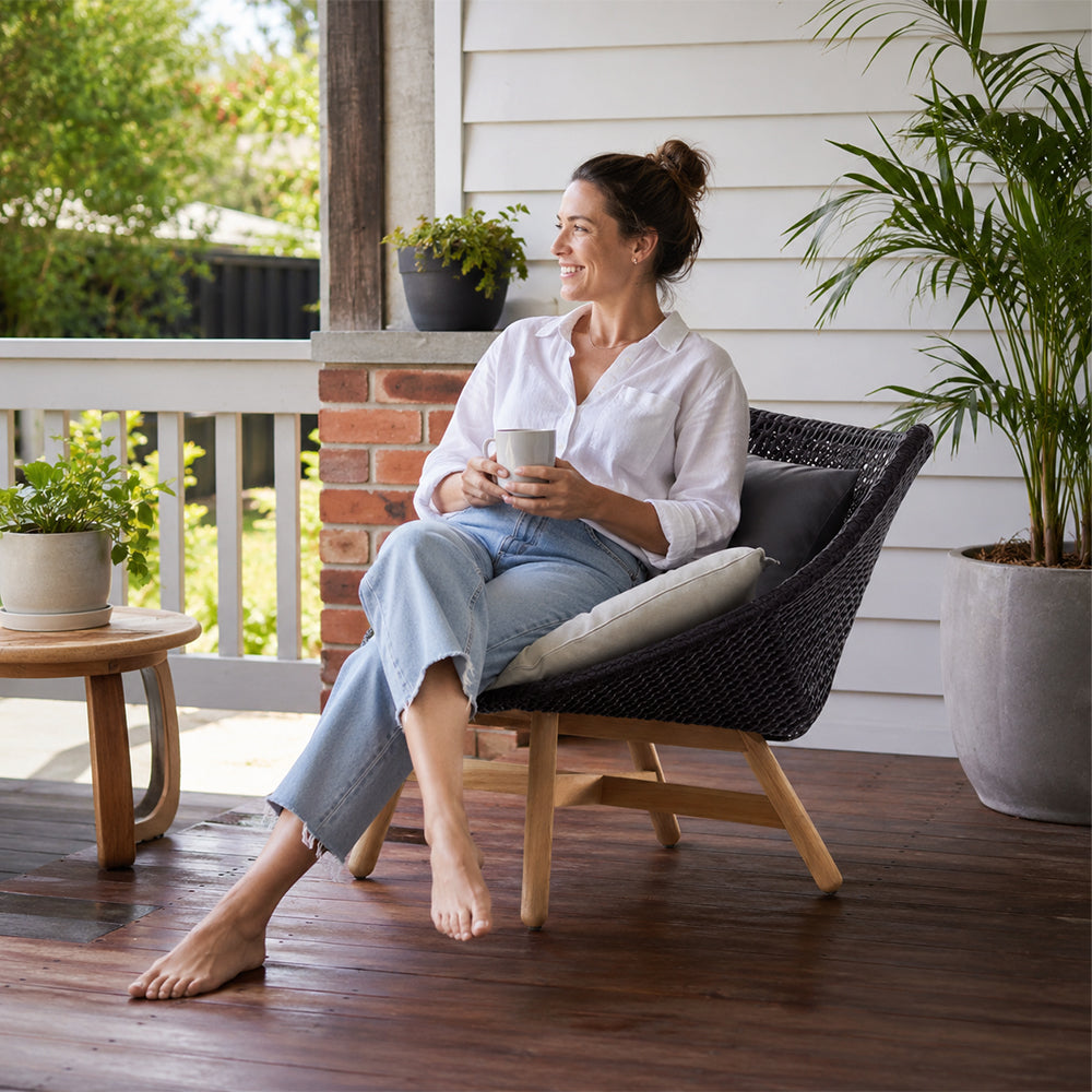 SOLARA Outdoor Low Back Lounge Chair with PE Rattan Seat Teak Wood Base Single Sofa Chair for Patio Garden Balcony Relaxing Space - Black
