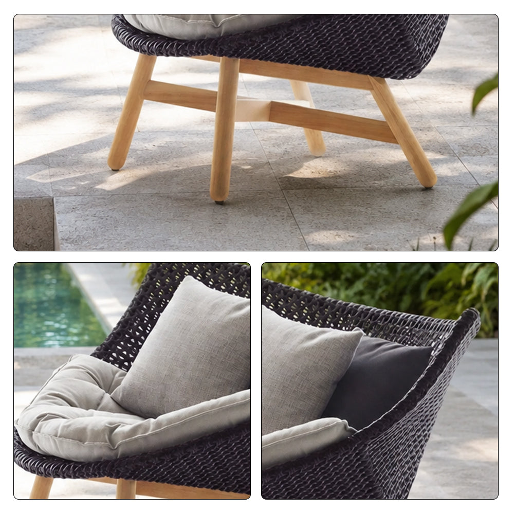 SOLARA Outdoor Low Back Lounge Chair with PE Rattan Seat Teak Wood Base Single Sofa Chair for Patio Garden Balcony Relaxing Space - Black