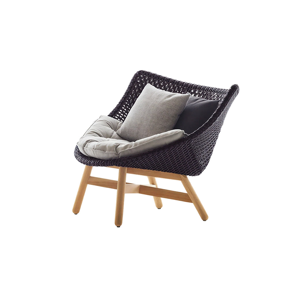 SOLARA Outdoor Low Back Lounge Chair with PE Rattan Seat Teak Wood Base Single Sofa Chair for Patio Garden Balcony Relaxing Space - Black