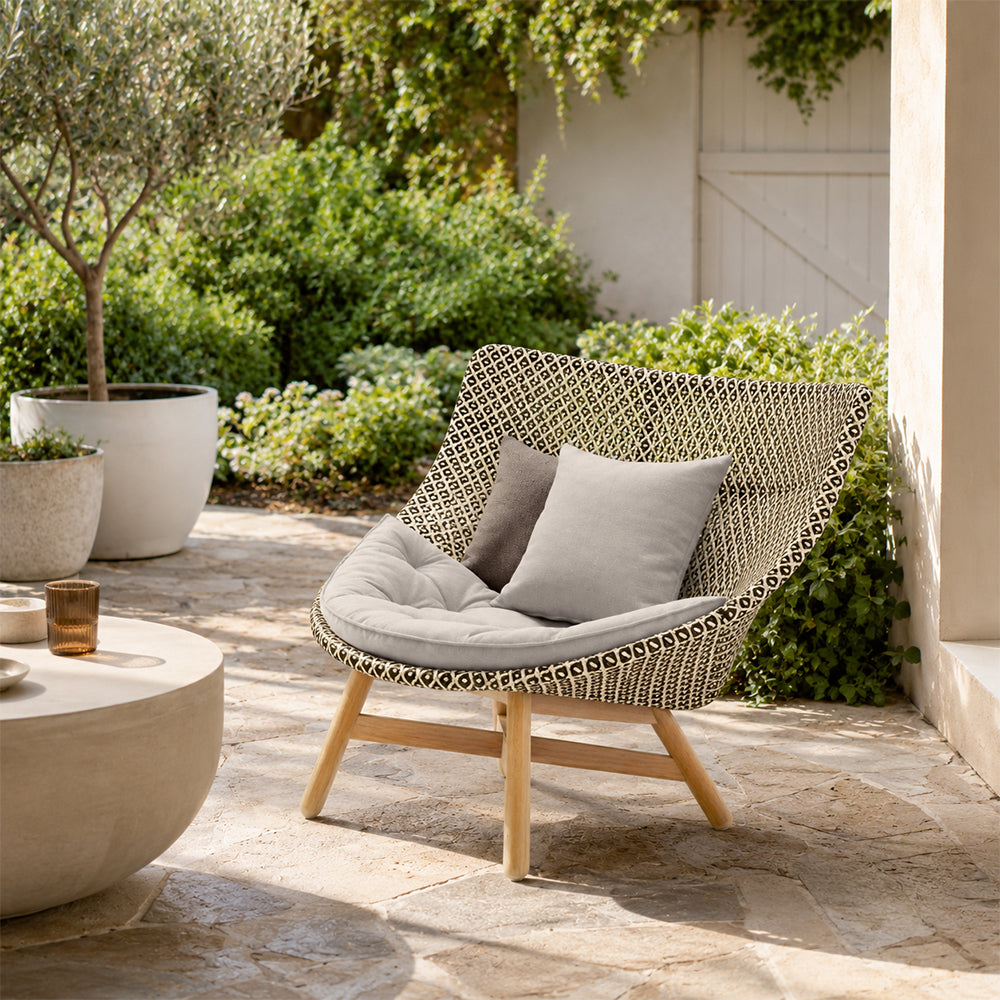 SOLARA Outdoor High Back Lounge Chair with PE Rattan Seat Teak Wood Base Single Sofa Chair for Patio Garden Balcony Relaxing Space - Beige