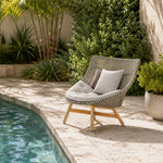 SOLARA Outdoor High Back Lounge Chair with PE Rattan Seat Teak Wood Base Single Sofa Chair for Patio Garden Balcony Relaxing Space - Beige