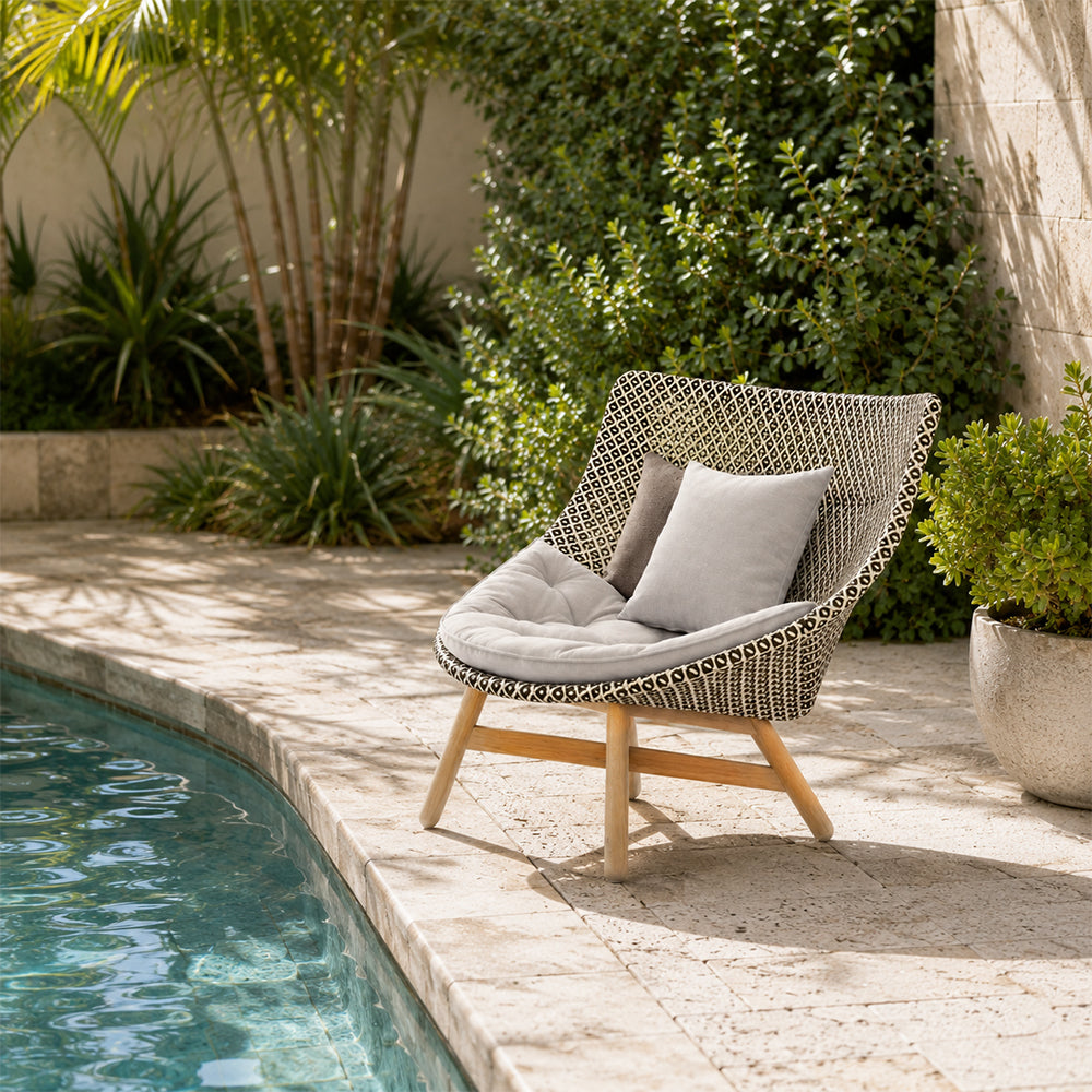 SOLARA Outdoor High Back Lounge Chair with PE Rattan Seat Teak Wood Base Single Sofa Chair for Patio Garden Balcony Relaxing Space - Beige
