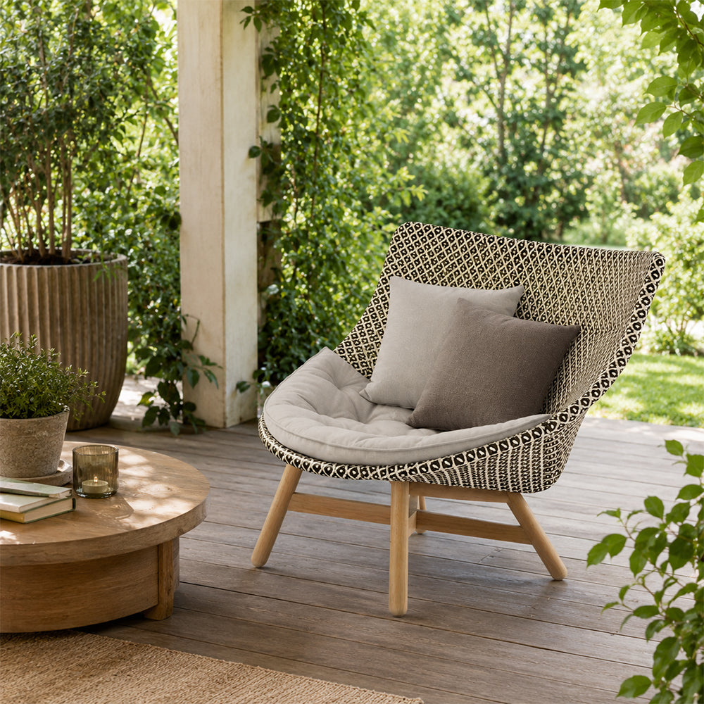SOLARA Outdoor High Back Lounge Chair with PE Rattan Seat Teak Wood Base Single Sofa Chair for Patio Garden Balcony Relaxing Space - Beige