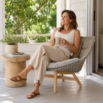 SOLARA Outdoor High Back Lounge Chair with PE Rattan Seat Teak Wood Base Single Sofa Chair for Patio Garden Balcony Relaxing Space - Beige